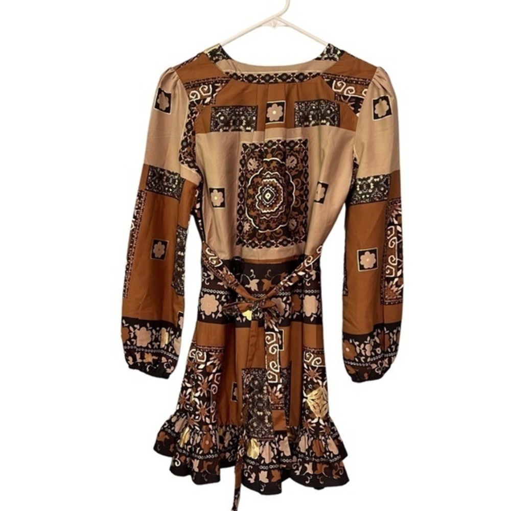 Chelsea & Violet Brown Gold Floral Plunge Mini Dress NWT XS Boho Festival - Picture 8 of 11
